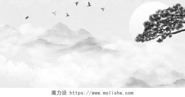 古风山水画白云飞鸟素材中国风松树背景展板古典中国风水墨